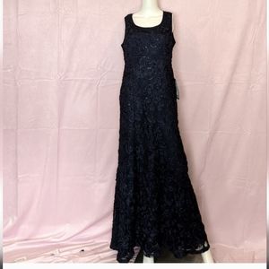 R&M Richards Navy Blue Sleeveless Soutache Lace Evening Gown with Sequins